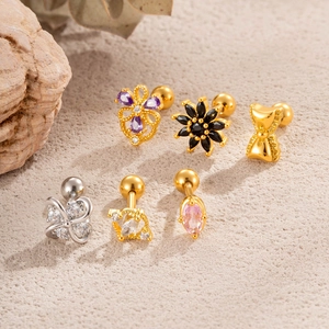Set of stainless steel bow and flower stud earrings with colorful zircon stones
