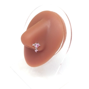Silver stainless steel heart nose ring with pink zircon heart pendant on model
