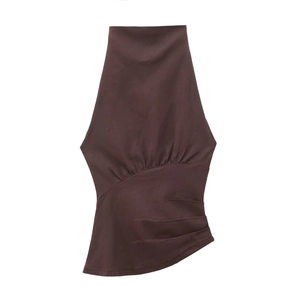 Top Halter Schiena Scoperta Arricciato Senza Maniche Poliestere Slim Fit Sexy Moda Marrone Caffè Estate Casual Donna
