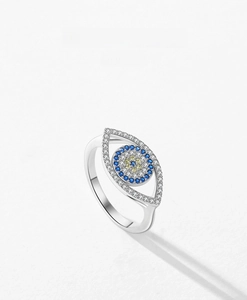 Macro view of S925 sterling silver evil eye ring with blue zircon inlay and fine engraving