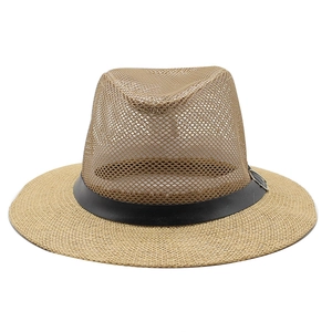 Men's breathable mesh fedora with straw brim and leather band for summer sun protection