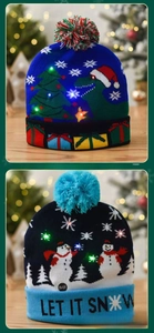 Detail of LED Christmas beanies with festive patterns and power switch mechanism