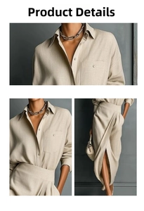 Close-up detail of beige long-sleeve shirt collar and high-waist wrap skirt silhouette