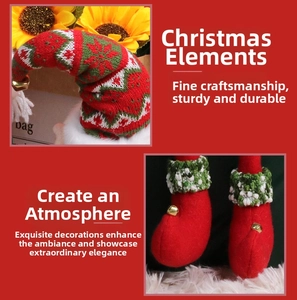Detail of red and green knitted Christmas elf hat and felt boots with metal bells