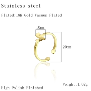 Detailed view of 18K gold plated stainless steel peace sign ring with size measurements