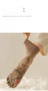 Macro detail of camel cotton five-finger socks with printed reflexology foot acupoints