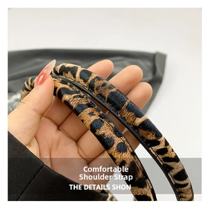Close-up of the thick leopard print shoulder strap and faux leather texture details
