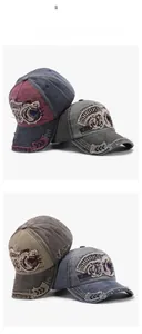 Detail of distressed baseball caps with SHARKS embroidery in various retro street colors