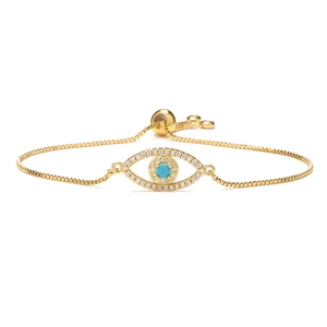Gold-plated adjustable evil eye bracelet with turquoise stone and white cubic zirconia