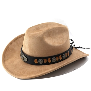 Classic camel faux suede western cowboy hat with star and bull head metal emblems
