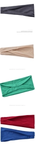 Close-up of elastic sports headbands in grey, beige, green, red and blue knit fabric