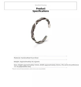 Detail view of handmade Thai silver hammered texture open cuff bracelet with dimensions