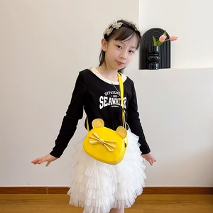 Cute round yellow children's crossbody bag with bear ears and a shiny bow decoration
