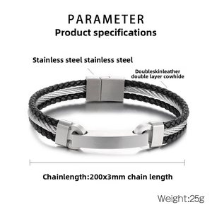 Detail of woven black leather bracelet with stainless steel wire and magnetic clasp dimensions