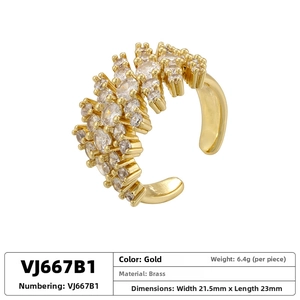 Detailed view of irregular floral open ring in gold finish with micro-pave zircon crystals