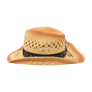 Classic woven straw cowboy hat with distressed brim and studded leather band for summer