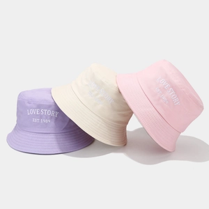 Chic LOVE STORY embroidered cotton bucket hats in lavender, beige and pink colors