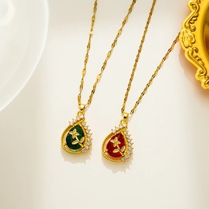 Teardrop Pendant Necklace Gold Plated Titanium Steel Cubic Zirconia Flower Inlay Fashion Jewelry For Women