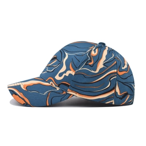 Fashionable unisex baseball cap featuring blue and orange marble dye pattern on canvas