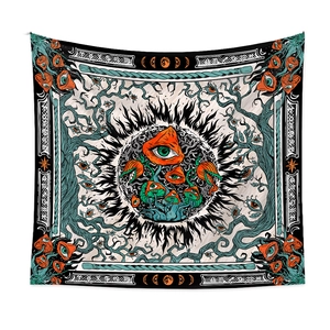 Bohemian psychedelic mushroom wall tapestry with mystical moon phase and vine patterns