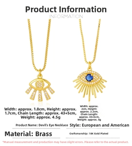 Detail of 18K gold plated brass Evil Eye necklaces with blue gems and dimensions