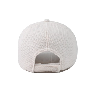Detailed back view of beige mesh baseball cap with adjustable velcro strap closure