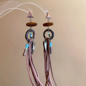 Detail view of Bohemian long tassel earrings with wooden rings and cyan beads