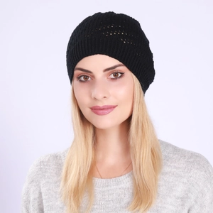 Detail of black knitted beanie with breathable hollow mesh texture and ribbed design