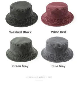 Detailed view of vintage washed cotton bucket hats featuring metal eyelets and stitched brims