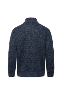Detailed back view of a navy blue mixed knit cardigan with a ribbed stand collar finish
