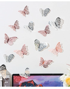 Detail showing 3D hollow butterfly wall stickers in rose gold and silver finishes