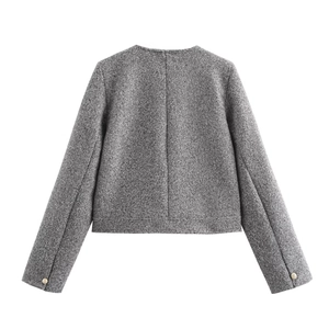 Vue arrière d'une veste en laine grise avec col rond et boutons dorés aux poignets
