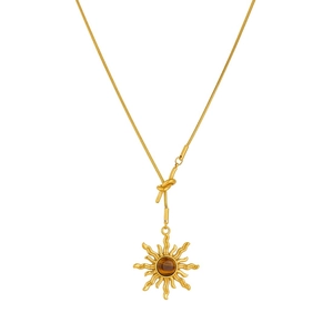 Gold plated stainless steel snake chain necklace with sun pendant and tiger eye stone