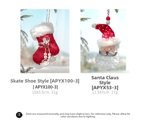 Detail of red knit skate ornament and Santa Claus plush pendant with measurements