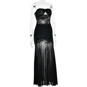 Detail of black strapless maxi dress with lace trim and sheer mesh ruching