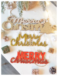 Three Merry Christmas wooden hanging ornaments with gold glitter and pine cone decorations