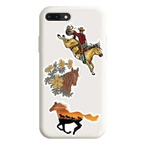 Detailed close-up of western horse stickers on a phone case with cowboy and floral designs