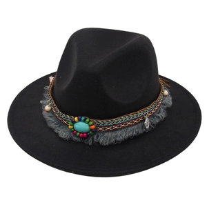 Detailed view of Tibetan wide-brim fedora with ethnic beaded band and turquoise stone
