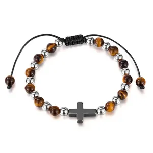 Bracciale Di Perline In Occhio Di Tigre Acciaio Inossidabile Ciondolo Croce Ematite Corda Regolabile Gioielli Religiosi Uomo Donna