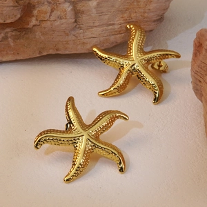 Starfish Stud Earrings Textured 304 Stainless Steel Gold Plated Ocean Series Beach Summer Jewelry For Women