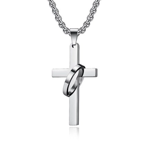 Stainless Steel Cross Ring Pendant Necklace Polished Mirror Finish Jewelry Fashion Men Women Religious Style