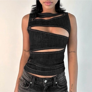 Sexy black-grey denim halter top with irregular cut-outs and distressed aesthetic design