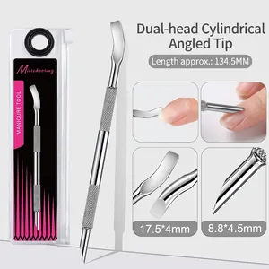 Detail of dual-ended stainless steel nail pusher with macro measurements and usage