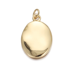 Detailed close-up of polished gold-plated oval locket pendant with smooth metallic finish