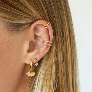 S925 silver needle double-layer gold hoop earrings with zircon and red gemstone pendant