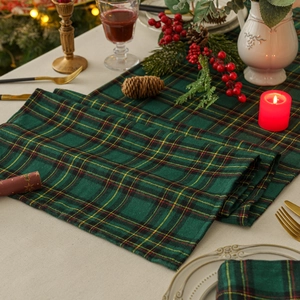 Christmas green and yellow plaid table runner and napkin set for holiday dining decor
