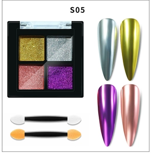 Detail of four-color solid chrome nail powder S05 with metallic mirror finish effects