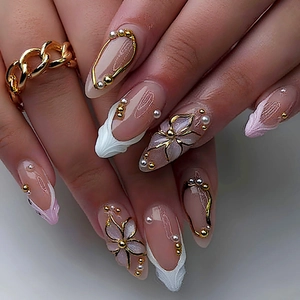 Faux Ongles Press On Fleurs En Relief French Manucure Dégradé Rose Forme Amande Avec Künstliche Perles Pour Femmes