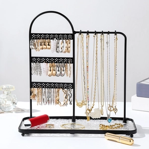 Jewelry Organizer Rack Metal Iron Necklace Earring Display Stand With Glass Tray Modern Nordic Style Desktop Storage