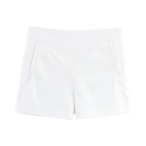 Minimalist high-waisted white casual shorts for women with smooth fabric and side zipper
